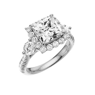 Light Gray Pave Round Accent 18kt Engagement Ring, with a 2ct Princess Lab Grown Diamond Solitaire, in a Diana Halo Setting