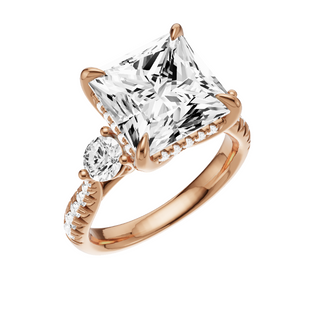 Light Gray Pave Round Accent 18kt Engagement Ring, with a 5ct Princess Lab Grown Diamond Solitaire, in a Tulip Hidden Halo Setting