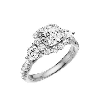 Light Gray Pave Round Accent 18kt Engagement Ring, with a 1ct Cushion Lab Grown Diamond Solitaire, in a Diana Halo Setting