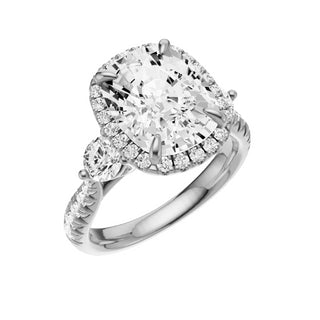 Light Gray Pave Round Accent 18kt Engagement Ring, with a 5ct Elongated Cushion Lab Grown Diamond Solitaire, in a Shadow Halo Setting