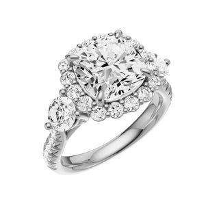 Light Gray Pave Round Accent 18kt Engagement Ring, with a 3ct Cushion Lab Grown Diamond Solitaire, in a Diana Halo Setting