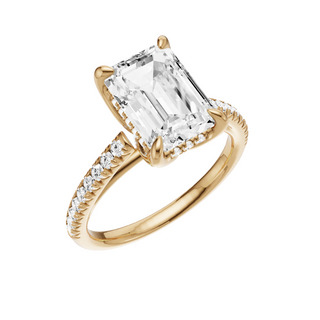White Smoke Cathedral 18kt Engagement Ring, with a 3ct Emerald Lab Grown Diamond Solitaire, in a Tulip Hidden Halo Setting