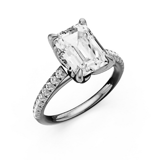 White Smoke Cathedral 14kt Engagement Ring, with a 3ct Emerald Lab Grown Diamond Solitaire, in a Tulip Setting