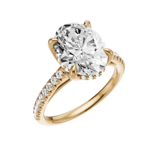 Cathedral 14kt Engagement Ring, with a 3.39ct Oval Lab Grown Diamond Solitaire, in a Tulip Hidden Halo Setting