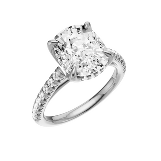 White Smoke Cathedral 14kt Engagement Ring, with a 4.47ct Elongated Cushion Lab Grown Diamond Solitaire, in a Tulip Hidden Halo Setting