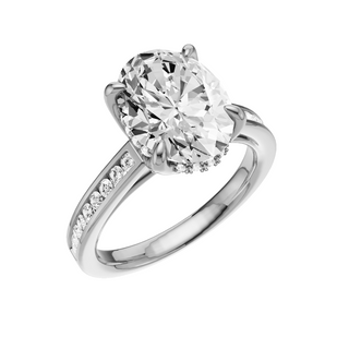 Light Gray Petite PL Engagement Ring, with a 3ct Oval Lab Grown Diamond Solitaire, in a Tulip Hidden Halo Setting