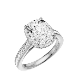 Light Gray Petite 18kt Engagement Ring, with a 4ct Elongated Cushion Lab Grown Diamond Solitaire, in a Shadow Halo Setting