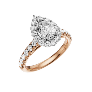 Light Gray Heart French Pave 18kt Engagement Ring, with a 1ct Pear Lab Grown Diamond Solitaire, in a Diana Halo Setting