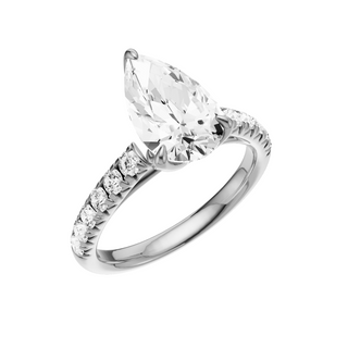 Light Gray Heart French Pave 18kt Engagement Ring, with a 2ct Pear Lab Grown Diamond Solitaire, in a Tulip Setting