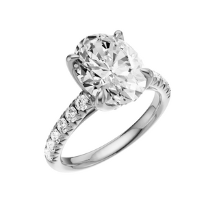 Light Gray Heart French Pave 18kt Engagement Ring, with a 3ct Oval Lab Grown Diamond Solitaire, in a Tulip Setting