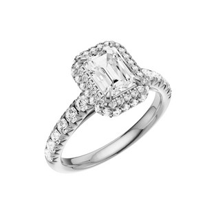 Light Gray Heart French Pave 14kt Engagement Ring, with a 1ct Emerald Lab Grown Diamond Solitaire, in a Double Halo Setting