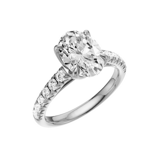 White Smoke Heart French Pave 14kt Engagement Ring, with a 2ct Oval Lab Grown Diamond Solitaire, in a Tulip Setting