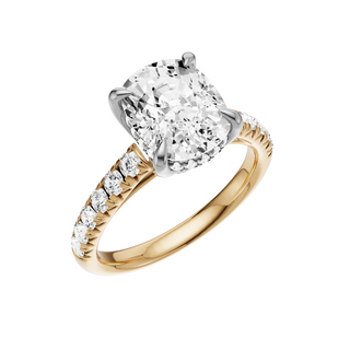 Light Gray Heart French Pave 14kt Engagement Ring, with a 3ct Elongated Cushion Lab Grown Diamond Solitaire, in a Tulip Hidden Halo Setting