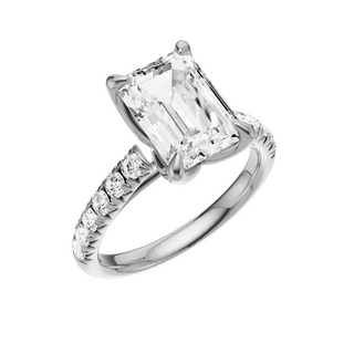 Light Gray Heart French Pave PL Engagement Ring, with a 3ct Emerald Lab Grown Diamond Solitaire, in a Tulip Setting