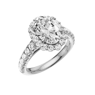 Light Gray Heart French Pave 18kt Engagement Ring, with a 2ct Oval Lab Grown Diamond Solitaire, in a Diana Halo Setting