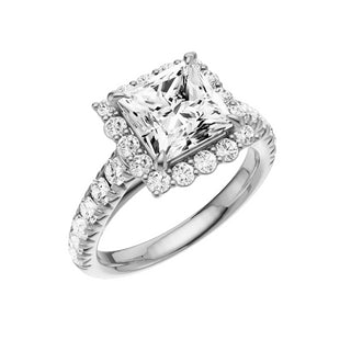 Light Gray Heart French Pave 18kt Engagement Ring, with a 2ct Princess Lab Grown Diamond Solitaire, in a Diana Halo Setting