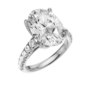 White Smoke Heart French Pave 18kt Engagement Ring, with a 5ct Oval Lab Grown Diamond Solitaire, in a Tulip Setting