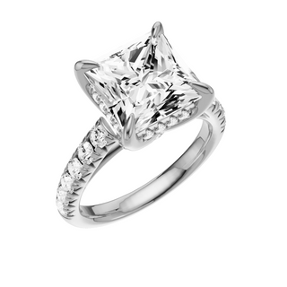 Light Gray Heart French Pave 18kt Engagement Ring, with a 4ct Princess Lab Grown Diamond Solitaire, in a Tulip Hidden Halo Setting
