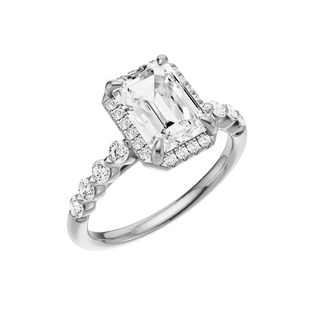White Smoke Button Prong 14kt Engagement Ring, with a 2ct Emerald Lab Grown Diamond Solitaire, in a Shadow Halo Setting