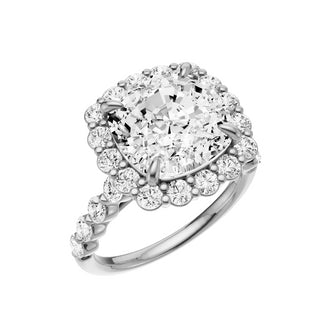 Light Gray Button Prong 18kt Engagement Ring, with a 5ct Cushion Lab Grown Diamond Solitaire, in a Diana Halo Setting