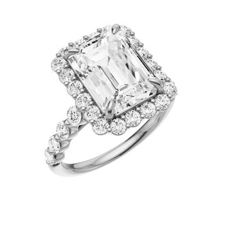 Light Gray Button Prong 18kt Engagement Ring, with a 4ct Emerald Lab Grown Diamond Solitaire, in a Diana Halo Setting