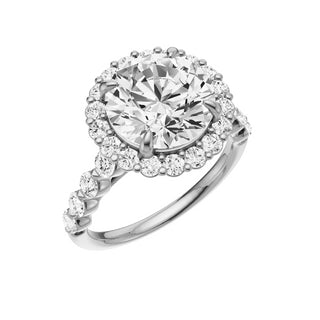 Light Gray Button Prong 18kt Engagement Ring, with a 3ct Round Lab Grown Diamond Solitaire, in a Diana Halo Setting