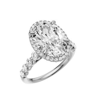 Light Gray Button Prong 18kt Engagement Ring, with a 4ct Oval Lab Grown Diamond Solitaire, in a Shadow Halo Setting