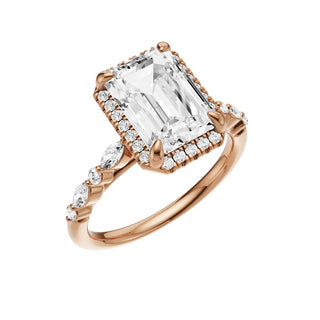Light Gray Floating Diamonds 18kt Engagement Ring, with a 3ct Emerald Lab Grown Diamond Solitaire, in a Shadow Halo Setting