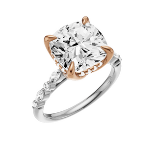 White Smoke Floating Diamonds 14kt Engagement Ring, with a 4.42ct Cushion Lab Grown Diamond Solitaire, in a Tulip Hidden Halo Setting