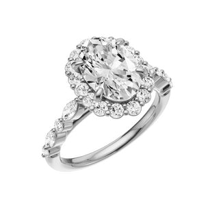 Light Gray Floating Diamonds 18kt Engagement Ring, with a 2ct Oval Lab Grown Diamond Solitaire, in a Diana Halo Setting