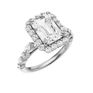 Light Gray Floating Diamonds 18kt Engagement Ring, with a 3ct Emerald Lab Grown Diamond Solitaire, in a Diana Halo Setting