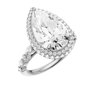 Light Gray Floating Diamonds 18kt Engagement Ring, with a 5ct Pear Lab Grown Diamond Solitaire, in a Double Halo Setting