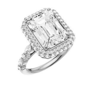 White Smoke Floating Diamonds PL Engagement Ring, with a 5ct Emerald Lab Grown Diamond Solitaire, in a Double Halo Setting
