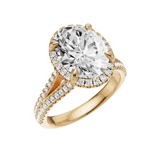 White Smoke Split Detail - Pave 14kt Engagement Ring, with a 3.47ct Oval Lab Grown Diamond Solitaire, in a Shadow Halo Setting