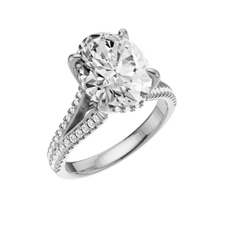 Light Gray Split Detail - Pave PL Engagement Ring, with a 3ct Oval Lab Grown Diamond Solitaire, in a Tulip Hidden Halo Setting