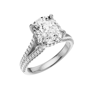 Light Gray Split Detail - Pave PL Engagement Ring, with a 3ct Elongated Cushion Lab Grown Diamond Solitaire, in a Tulip Hidden Halo Setting