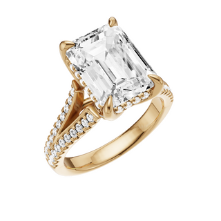 White Smoke Split Detail - Pave 14kt Engagement Ring, with a 4ct Emerald Lab Grown Diamond Solitaire, in a Tulip Hidden Halo Setting