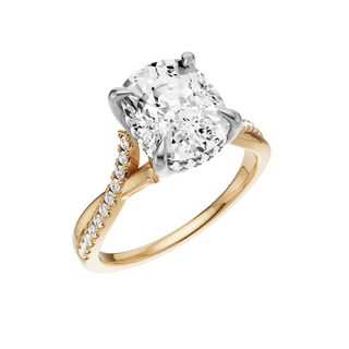 Light Gray Crossover 14kt Engagement Ring, with a 3ct Elongated Cushion Lab Grown Diamond Solitaire, in a Tulip Hidden Halo Setting