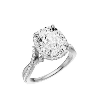 Light Gray Crossover 18kt Engagement Ring, with a 4ct Elongated Cushion Lab Grown Diamond Solitaire, in a Shadow Halo Setting