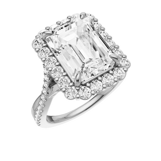 White Smoke Crossover 18kt Engagement Ring, with a 5.98ct Emerald Lab Grown Diamond Solitaire, in a Diana Halo Setting