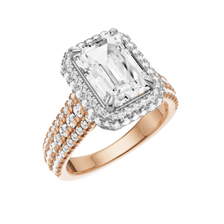 Light Gray Three Row 14kt Engagement Ring, with a 3ct Emerald Lab Grown Diamond Solitaire, in a Double Halo Setting