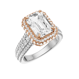 Light Gray Three Row 14kt Engagement Ring, with a 3ct Emerald Lab Grown Diamond Solitaire, in a Double Halo Setting