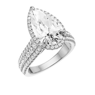 Light Gray Three Row 18kt Engagement Ring, with a 4ct Pear Lab Grown Diamond Solitaire, in a Shadow Halo Setting