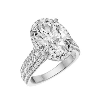 Light Gray Three Row 18kt Engagement Ring, with a 4ct Oval Lab Grown Diamond Solitaire, in a Shadow Halo Setting