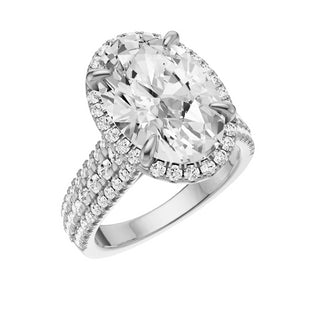 Light Gray Three Row 18kt Engagement Ring, with a 5ct Oval Lab Grown Diamond Solitaire, in a Shadow Halo Setting