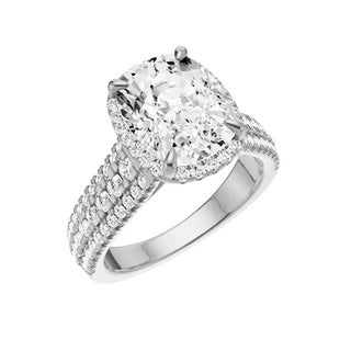 Light Gray Three Row 18kt Engagement Ring, with a 4ct Elongated Cushion Lab Grown Diamond Solitaire, in a Shadow Halo Setting
