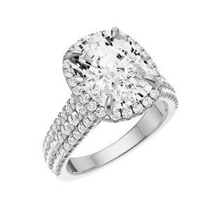 Light Gray Three Row 18kt Engagement Ring, with a 5ct Elongated Cushion Lab Grown Diamond Solitaire, in a Shadow Halo Setting