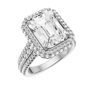 Light Gray Three Row PL Engagement Ring, with a 5ct Emerald Lab Grown Diamond Solitaire, in a Double Halo Setting