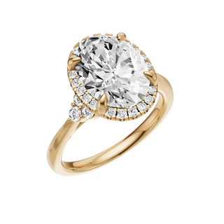 Light Gray Trinity Knife Edge 18kt Engagement Ring, with a 3ct Oval Lab Grown Diamond Solitaire, in a Shadow Halo Setting