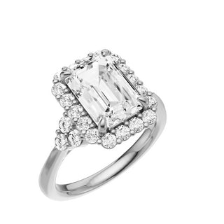 Light Gray Trinity Knife Edge 18kt Engagement Ring, with a 3ct Emerald Lab Grown Diamond Solitaire, in a Diana Halo Setting